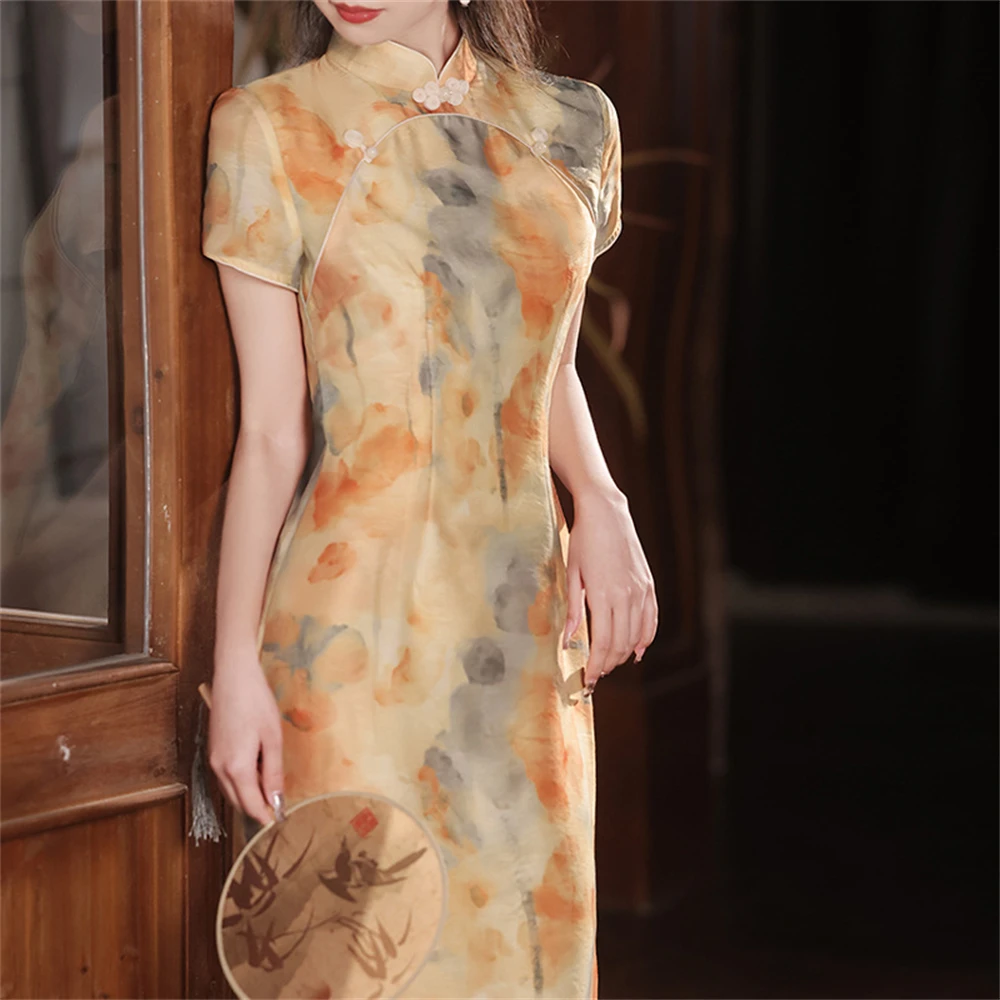 Yellow Cheongsam Female Summer High-end Printed Qipao Improved Girl Young Temperament Retro Republic of China Dress Chinoise New