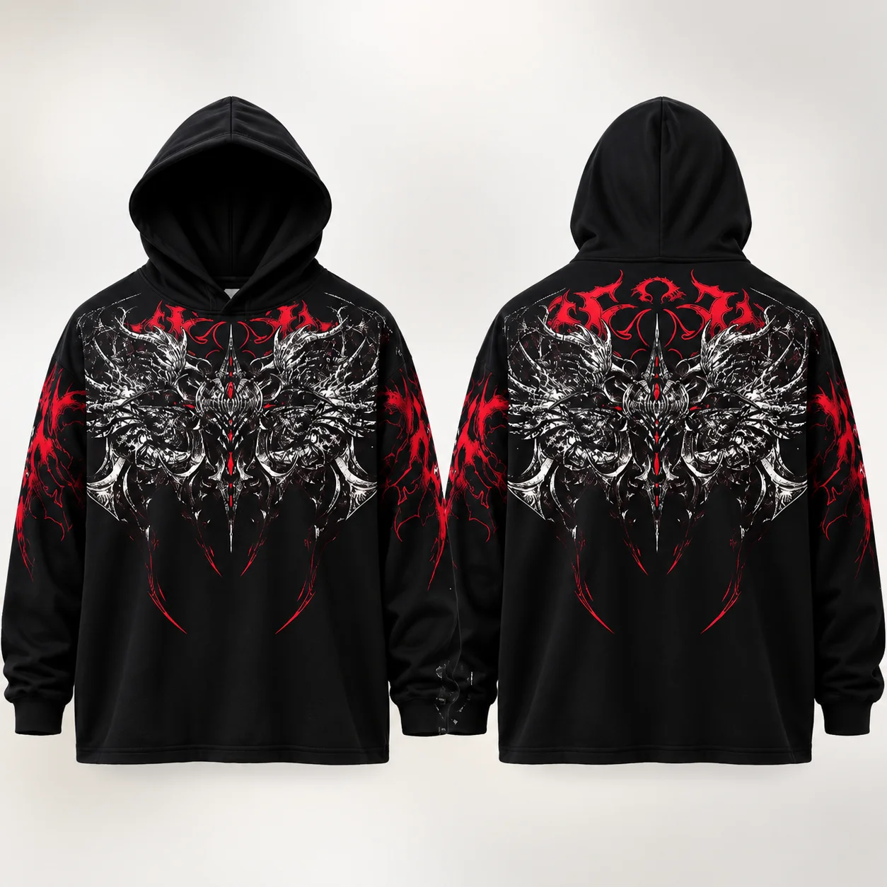 2026 Men's Oversized Polyester Pullover Hoodie,Gothic Y2K Death‑Metal Demon Skull Thorn Dark Punk Streetwear Men's Hoodie