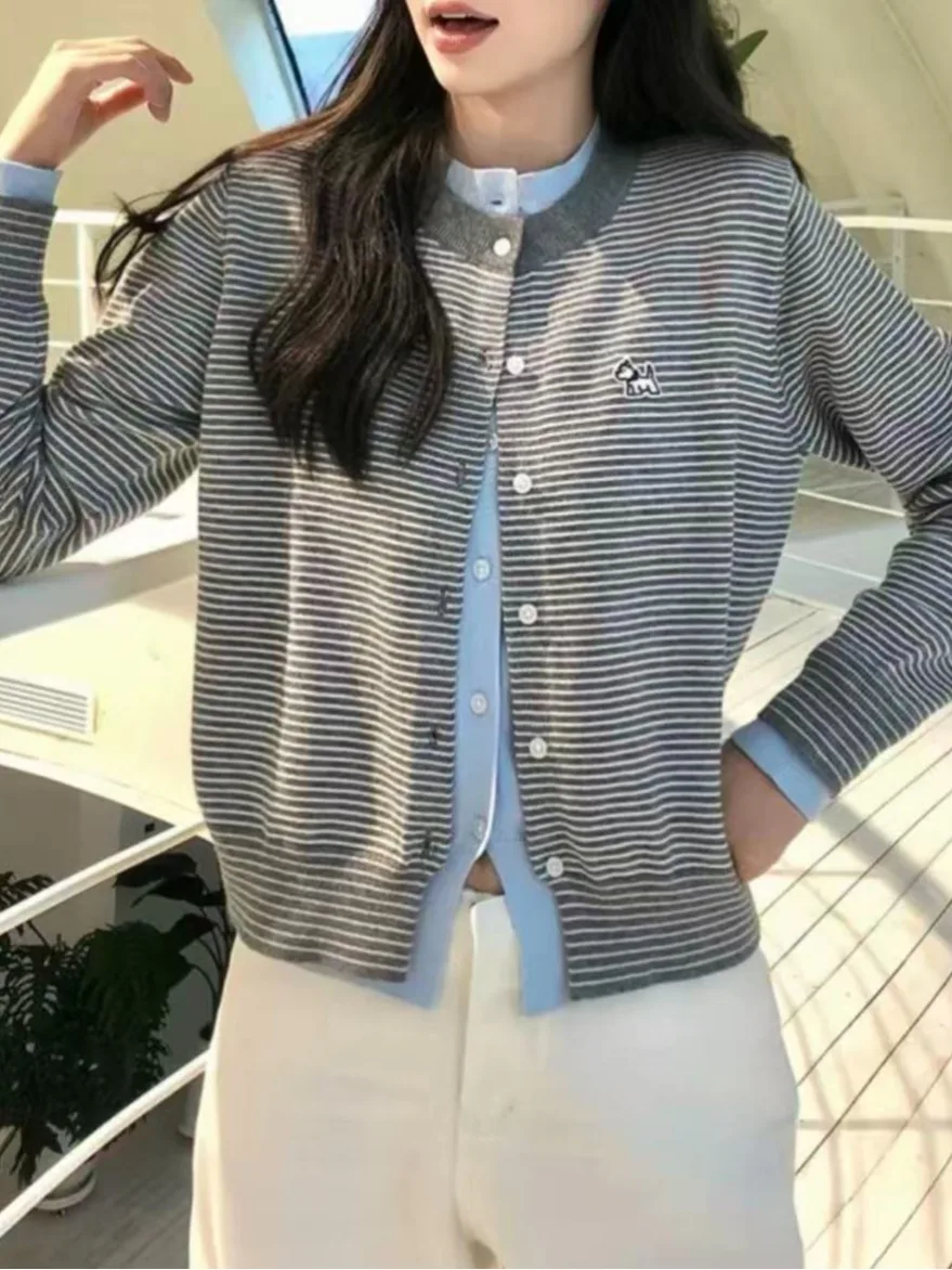 الكورية كلية Sle مخطط متماسكة سترة المرأة الخريف الشتاء لينة مريحة وهمية قطعتين طويلة Sve جولة Ne ملابس خارجية دافئة