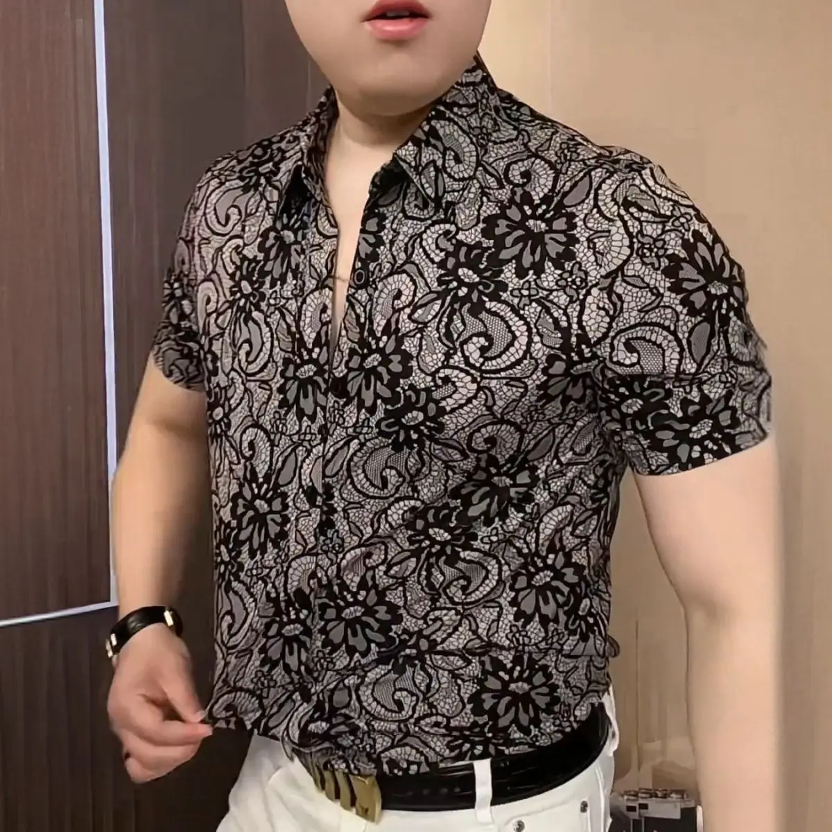 

Slim Fit Plaid irt Men's Summer Busin Casual Faionable Cheered Pattern Breathable Polyester Fiber Nine Sve Length