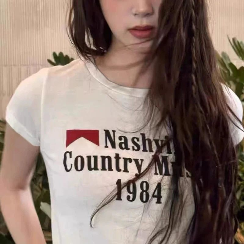 Camisetas informales con estampado de letras para mujer, Top corto Grunge de calle estética Rock, Top Harajuku Retro Punk Y2K, camiseta de manga corta para bebé