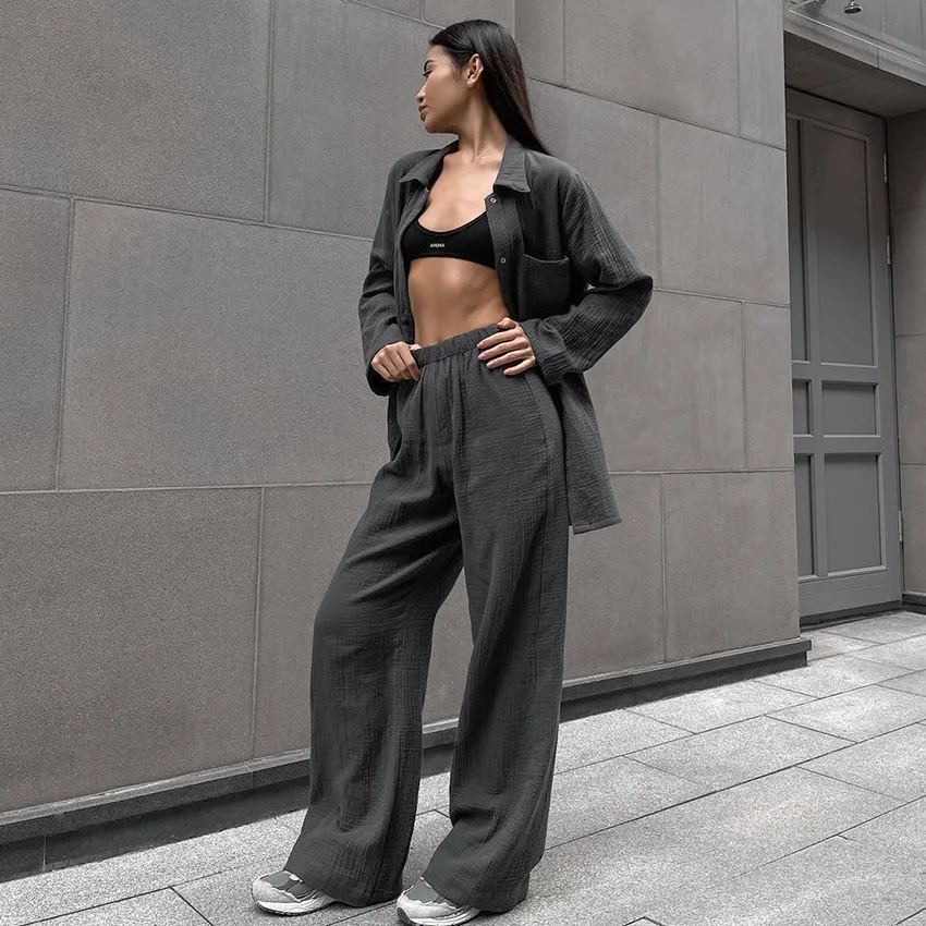 Gray Cardigan Cotton Pajamas Sets Casual Soft Outerwear 2PCS Solid Long Sleeve Women's Home Nightgown 2023 Autumn Loose Pyjama