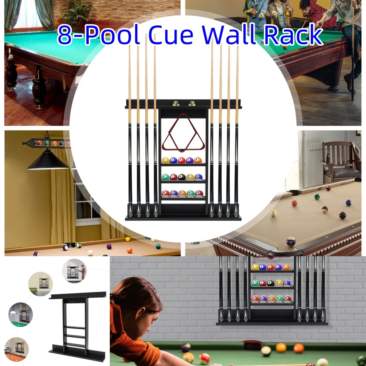 8 Pool Cue Wall Rack Pool Stick Holder Wall Mount Holds Billiard Ball Racks and Full Set of Pool Balls