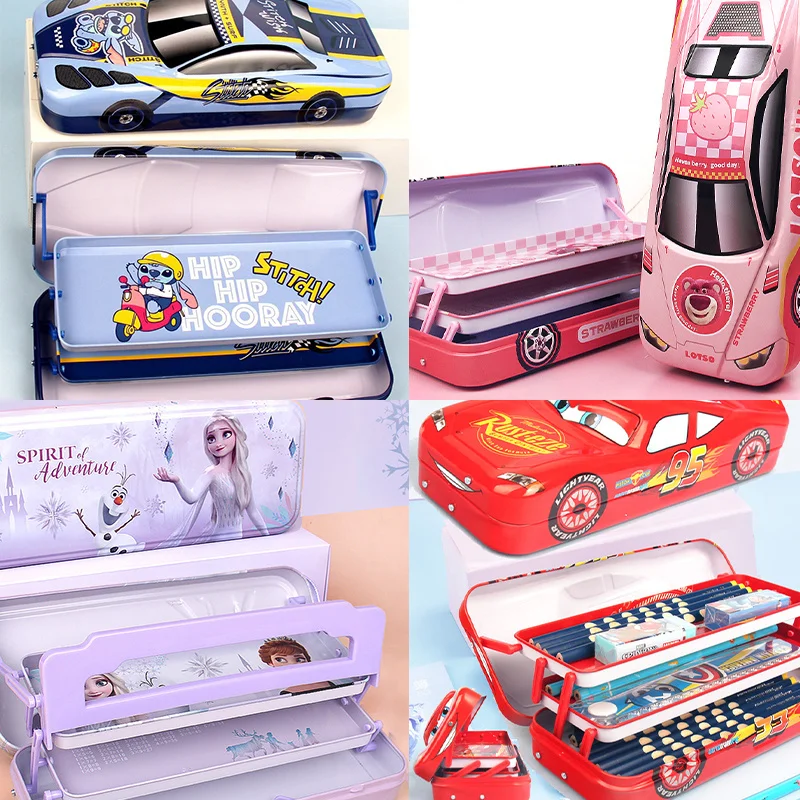 Disney Stitch Pixar Cars ดินสอเด็กกล่องเครื่องเขียนขนาดใหญ่ความจุ Mcqueen รถสามมิติกล่องของขวัญอนุบาล