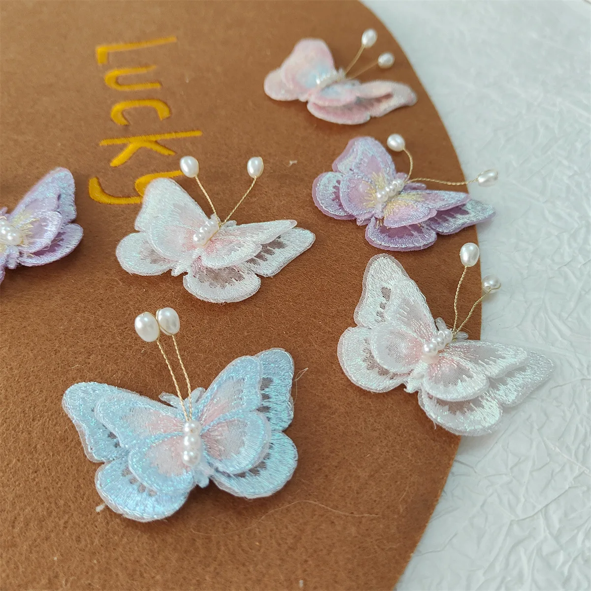 10PCS Double embroidery mesh pearl butterfly accessories diy children\'s hair accessories clothing shoes and socks bag accessorie