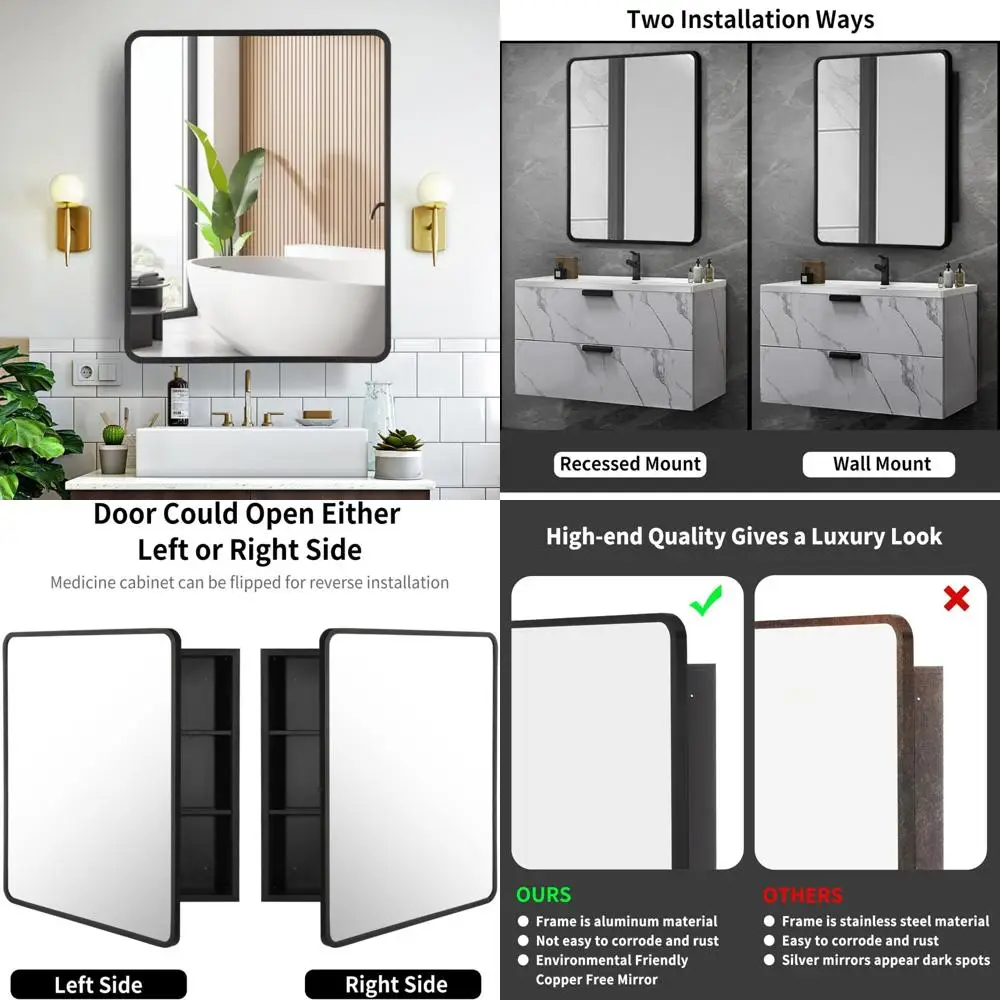 

24 x 30 Black Metal Framed Bathroom Mirror Cabinet with Tilting Beveled Vanity Mirror for Recessed or Surface Mount