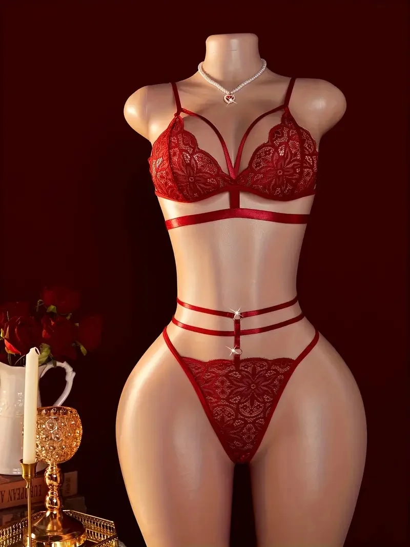 Pakaian Dalam Wanita Ultra Tipis Tanpa Jahitan Set Seksi Merah Anggur Kostum Intim Bra Kit G-String Lingerie Erotis Renda Setelan 2 Potong