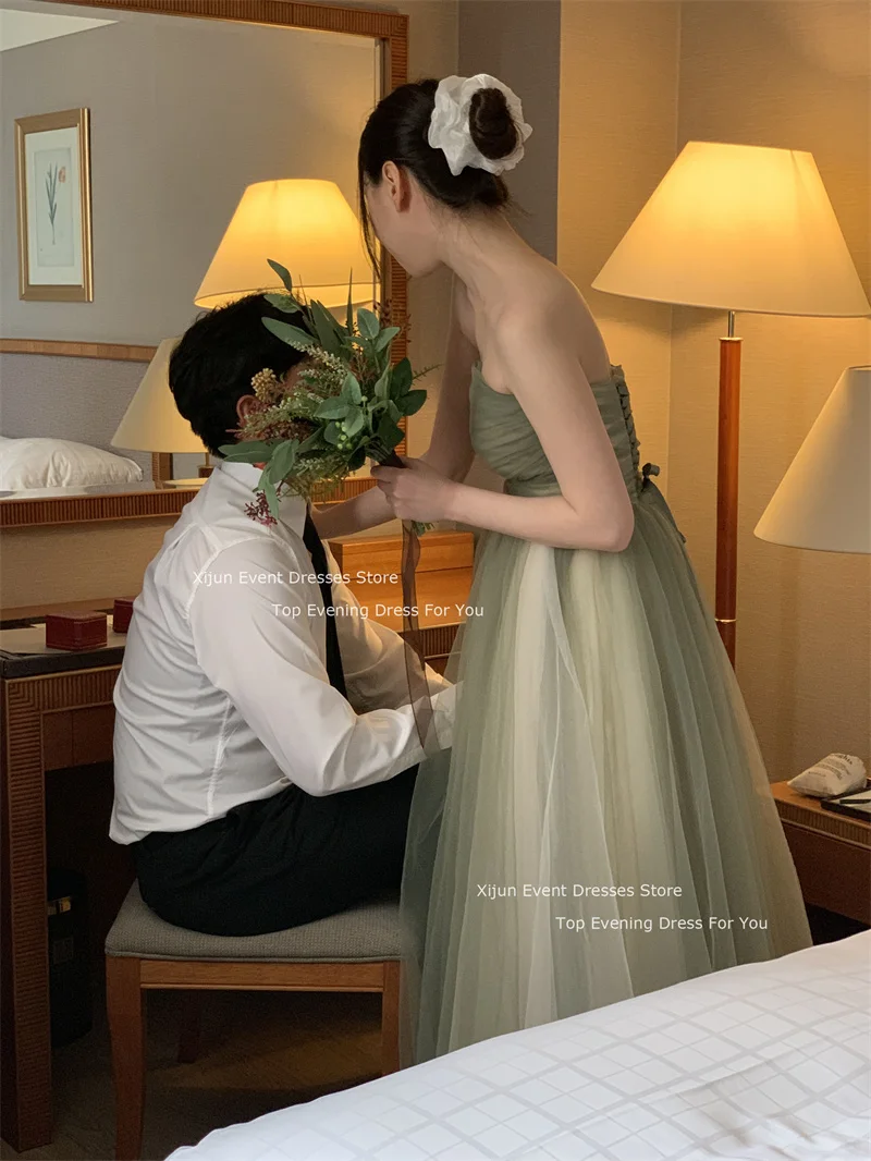 Xijun Fairy Sage Green Tulle Korea Evening Dresses Off the Shoulder Sleeves Ankle Length Prom Gowns Wedding Party Dresses 2024