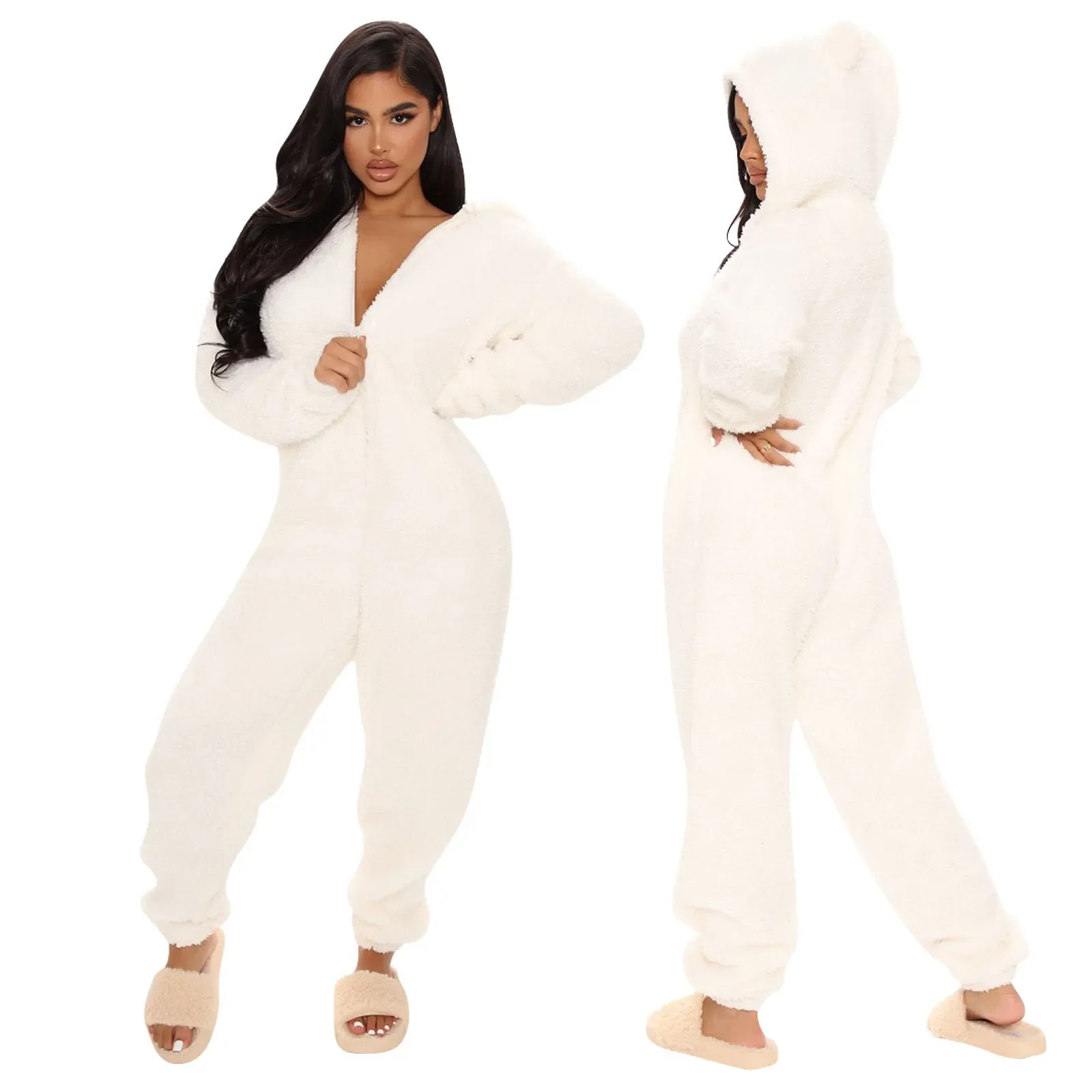 Oversize Fur Winter Teddy Ear Cute Sleepwear Onesies Jumpsuit Hooded Pajamas Homewear Warm Pajamas Robes Nightgown Thick Suit