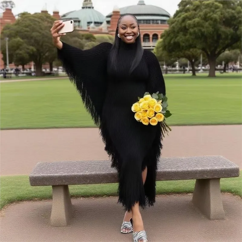 

Bat Sleeve Knitted Tassel Dress High Neck Split Hip Dress Autumn Winter Women's Casual Long Frock Vestidos De Fiesta Elegantes