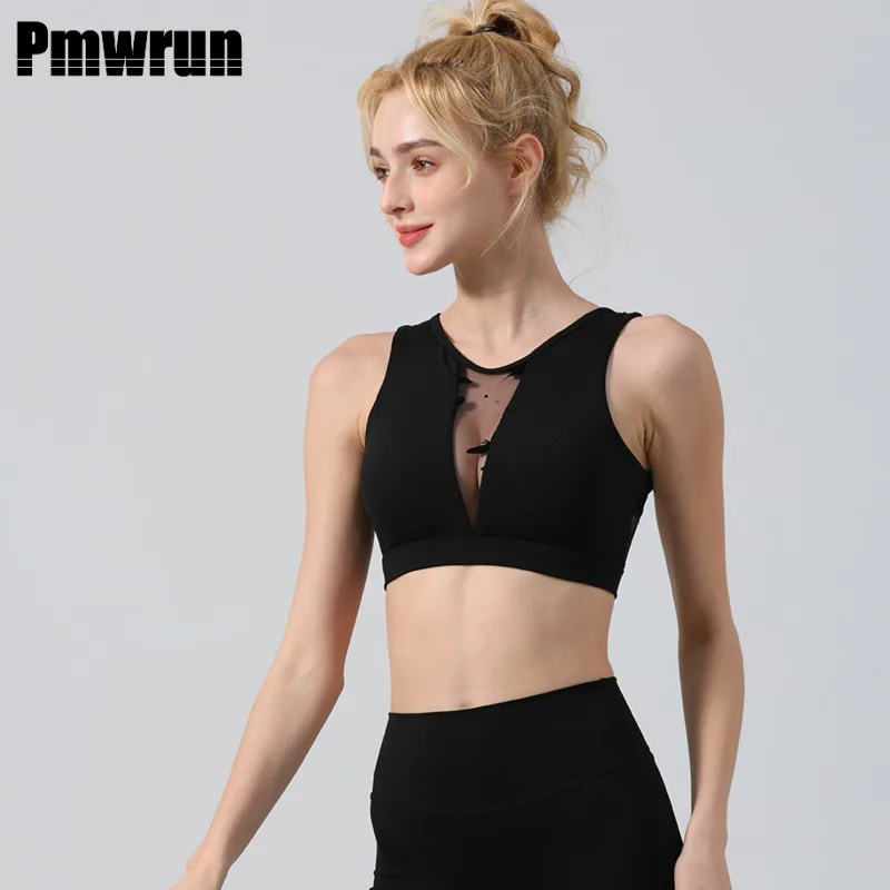 

PMWRUIN 2 Piece Yoga Set For Women Mesh Front Black Bra & Leggings, Soft Stretchy For Gym Yoga Pilates Dance Workout Wear