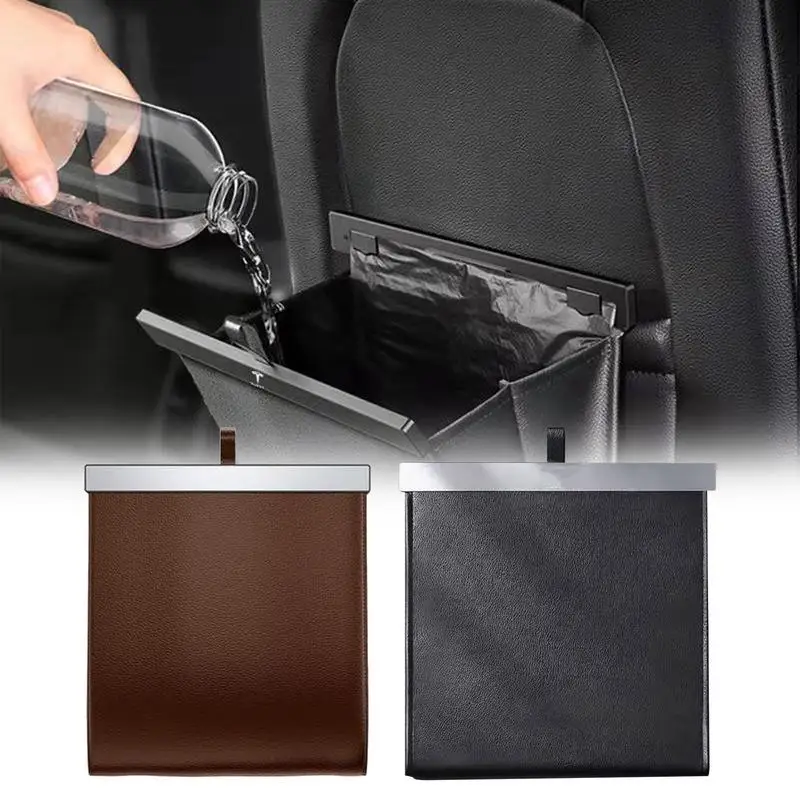 Car Trash Bag Hanging Garbage Bin With Pockets Suitable Teslaa Model 3YX Waterproof PU Leather For Car Interior Rubbish Supplies