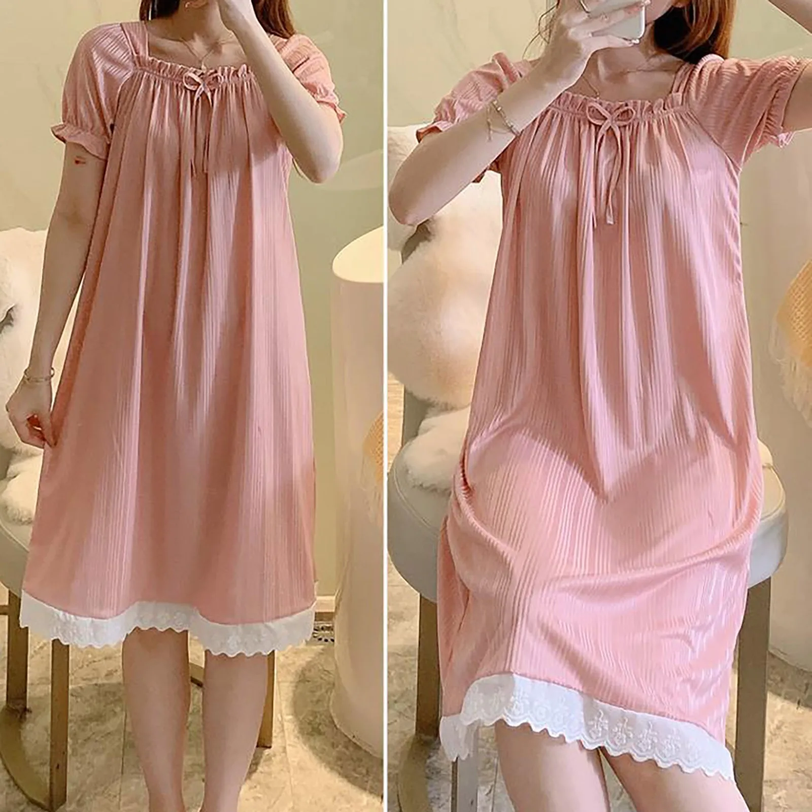 Pink Sweet Pajamas Womens Stylish Short-Sleeved Lace Side Nightgown Loose Mid-Length Skirt Student Girl Soft Loungewear Homewear