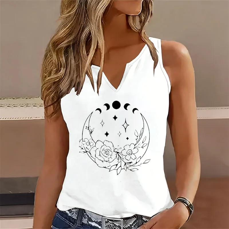 Harajuku Moon Flower Sleeveless Tank Top T-shirt V Neck Casual  Vest T Shirts Women Tee Shirt V-Neck Female
