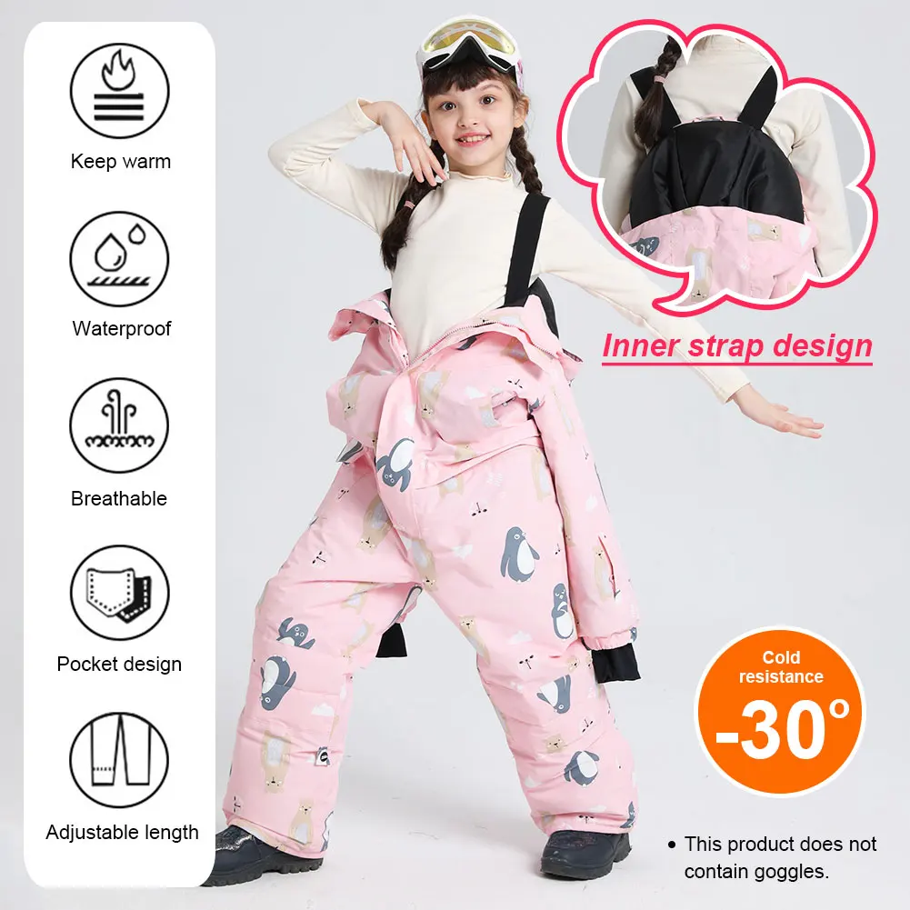 Children's Snow Suits One-Piece Penguin Printed Hooded Windproof Warm Girls Boys Ski Jacket Winter Snowboarding Wear