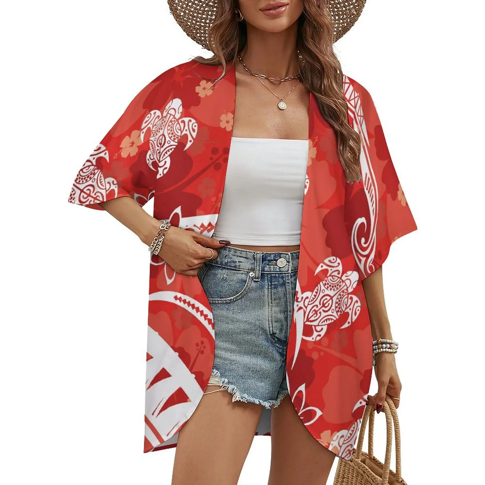 Casual Half-Sleeve Ethnic Print Loose Coat Women's Summer Polynesian Light Cardigan Coat Travel Coat