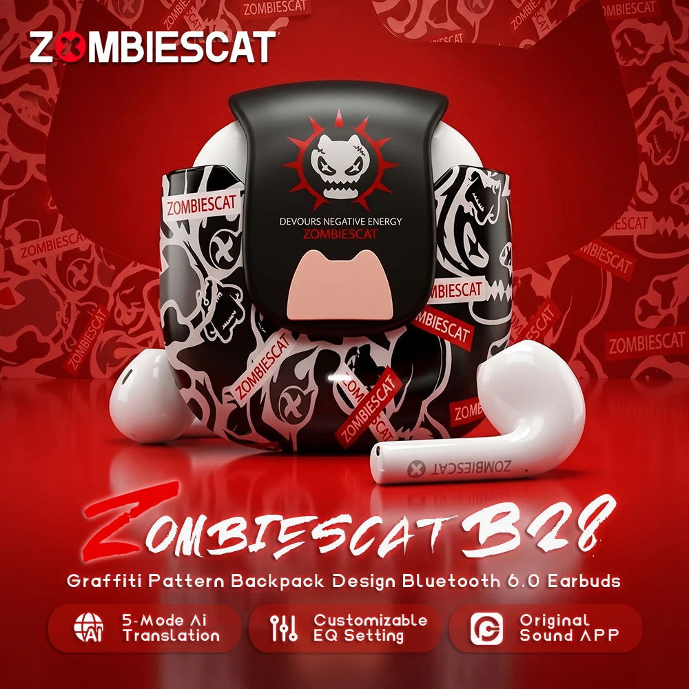 Zombies Cat B28 Graffiti Bluetooth 6.0 Headphone Real Time AI Translator Earbuds Half In Ear TWS Wireless Earphones with APP