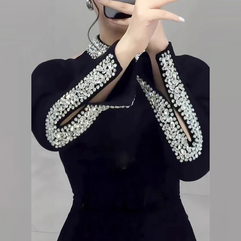 Luxury Elegant Slim Rhinestone Evening Dress 2025 New Women\'s Temperament Split Long Robe Sexy Bodycon Long Sleeve Banquet Dress