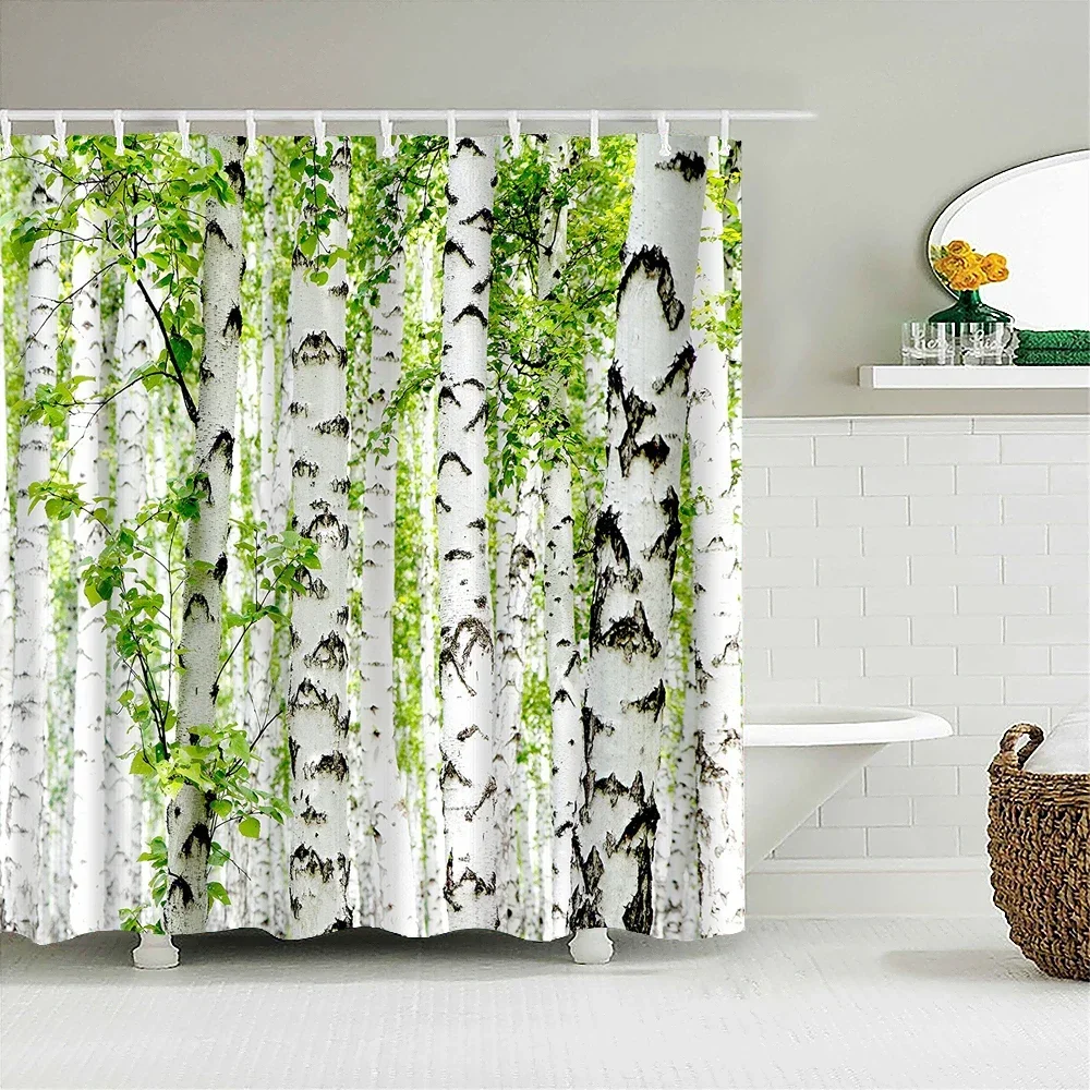 High Quality Birch Forest Fabric Shower Curtain Waterproof Natural Landscape Printed Bath Curtains for Bathroom Decor with Hooks