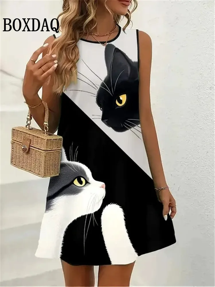 Summer Fashion Cat Pattern 3D Print Dresses Women Casual Sleeveless Flowers Beach Short Dress Sundress Loose Female Vest Dresses