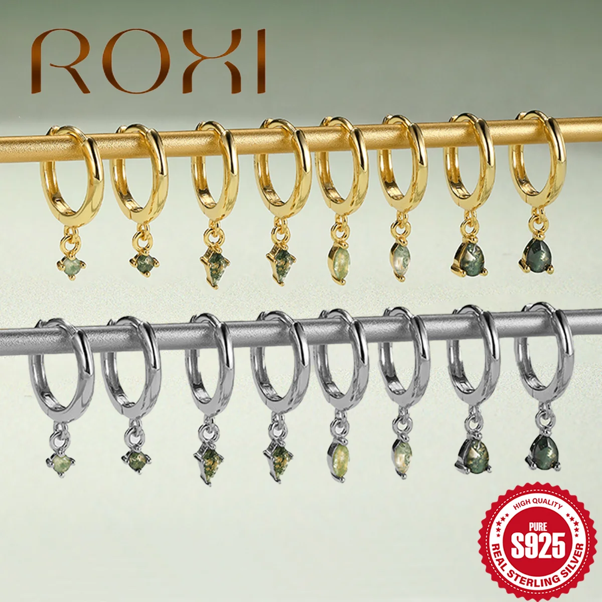 

ROXI серьги из стерлингового серебра 925 пробы с натуральным моховым агатом и каплями воды/геометрические серьги для пирсинга для женщин, повседневная одежда, вечерние украшения серьги