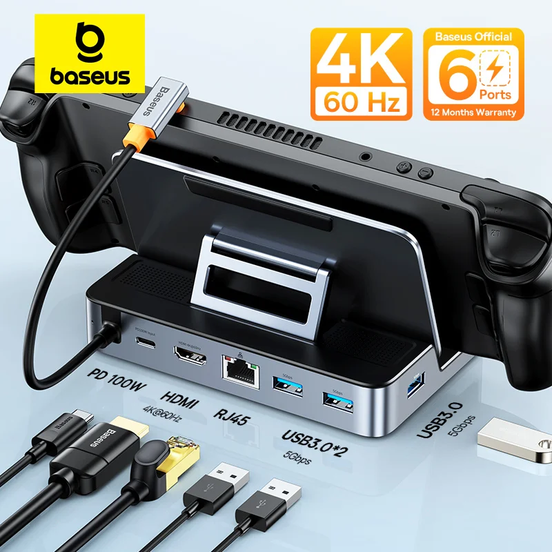 Baseus USB C Docking Station for Steam Deck Nintend Switch Type C to HDMI-compatible 4K@60Hz RJ45 PD 100W Type C USB 3.0 Hub