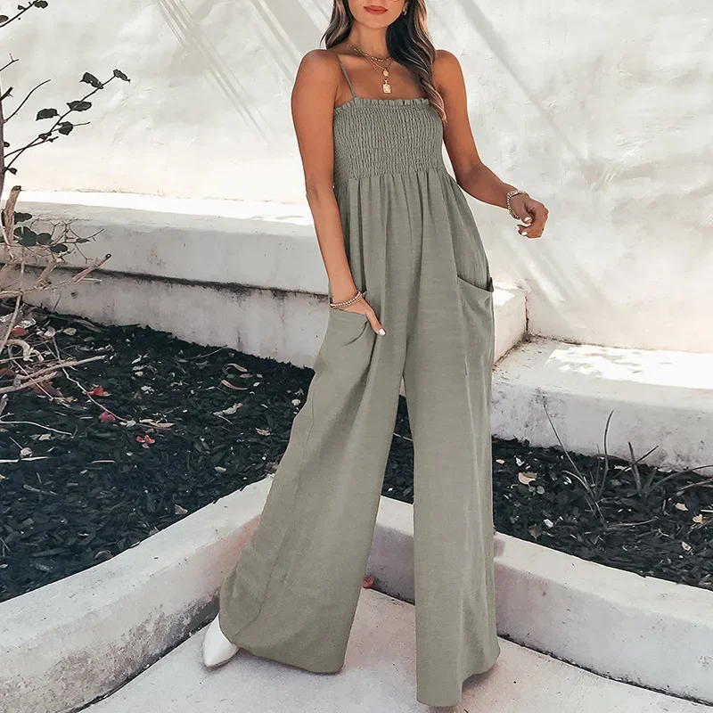 Jumpsuit Wanita Model Pullover Romper Pinggang Tinggi Tanpa Punggung Model Bungkus Dada Kasual Berkantong Celana Kaki Lebar Model Sambung Satu Potong