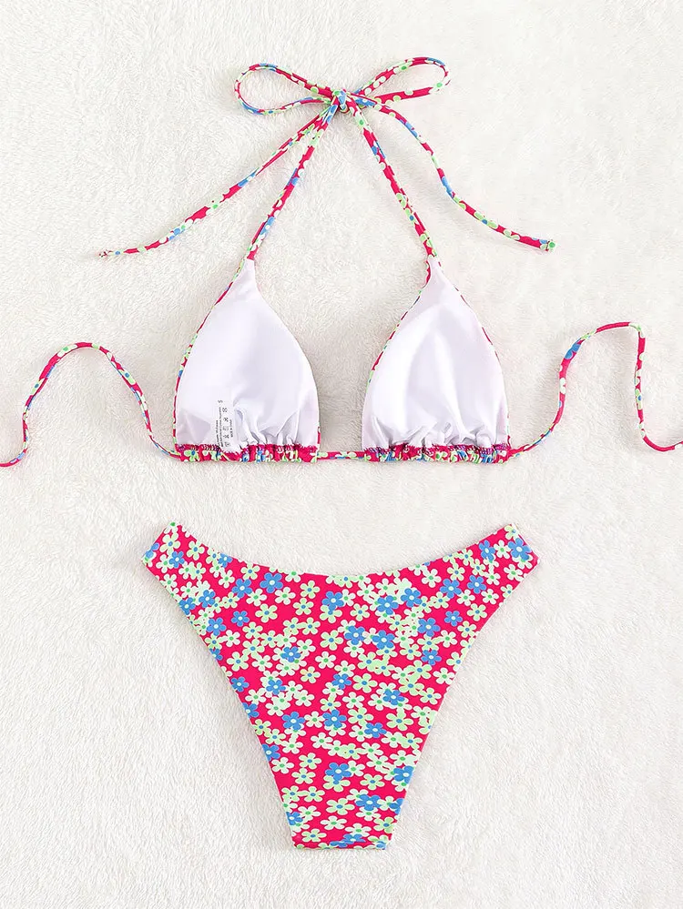 Mini bikini con scollo all'americana per donna Costume da bagno stampato floreale Abbigliamento da spiaggia estivo Costume da bagno con micro triangolo 2025