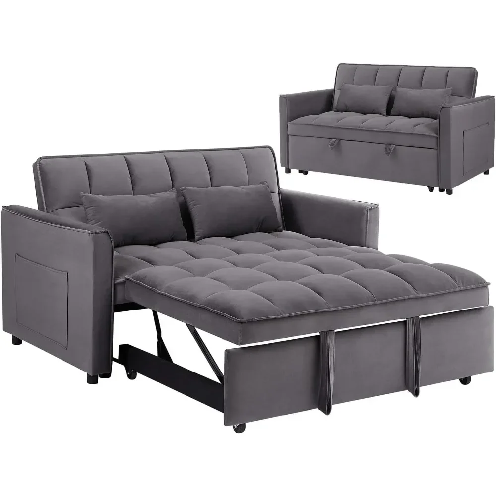 3 in 1 Sleeper Sofa Couch Bed, Velvet Convertible Sofa Bed with Armrests, Storage Pockets & 2 Pillows, Modern Sofa Bed Couch for