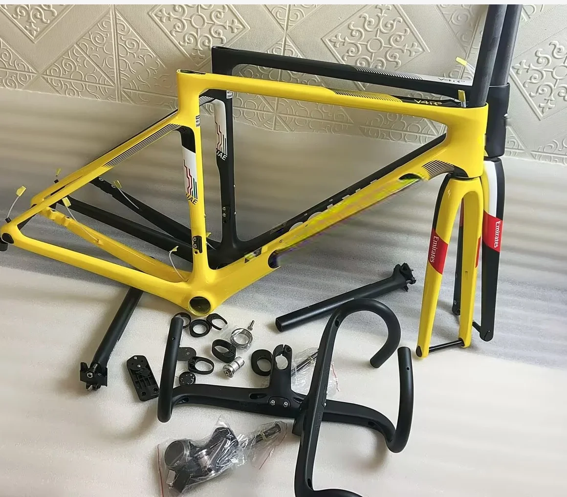 

2025 style UAE yellow style road bike carbon frame V5RS bicycle carbon frame ud gloosy T1000 taiwan bike frame+handlebar 420-570