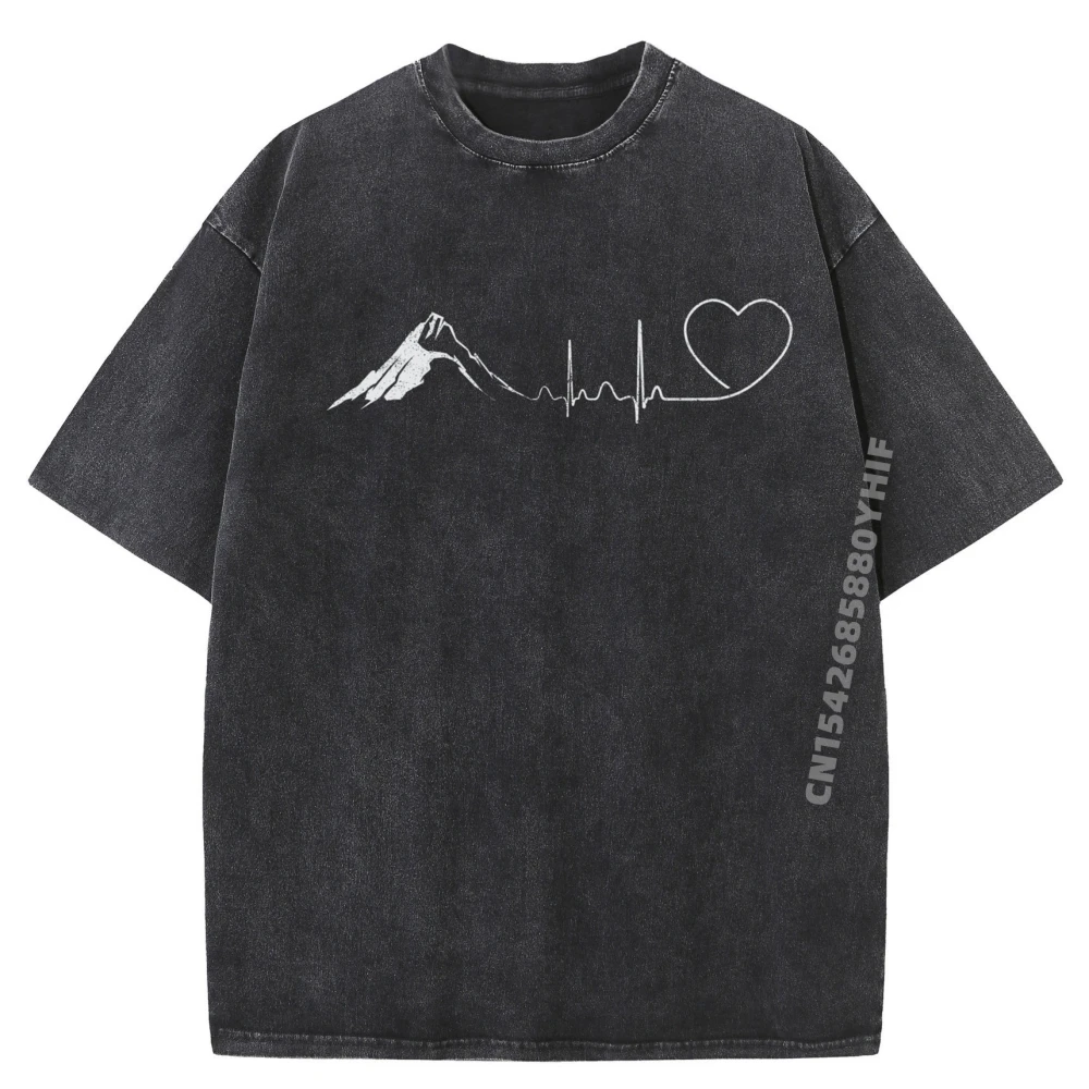 

Mountain Heartbea Tops for Women Graphic Tees Hiking Funny T Shirts Men Loose Washed Shirts For Men Illustration