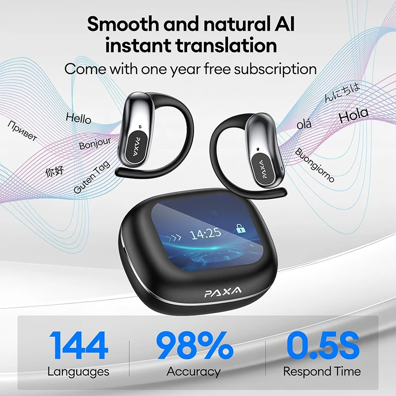 

Original PAXA OpenAirUltra AI OWS Translation Earphones 100+ languages Headphones Stereo Touch Display Multi Earbuds ENC Call