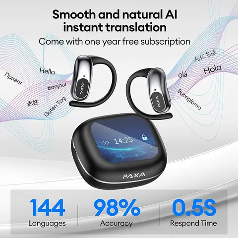 PAXA OpenAirUltra AI 번역 실시간 3-in-1 번역기 이어버드 145개 언어 및 악센트 Bluetooth 5.4 번역 이어폰