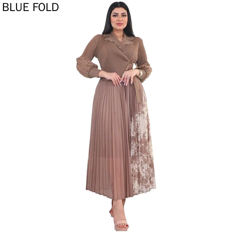 Grote maat Miyake tweedelige set voor dames, geplooid shirt en bedrukte rok, hoogwaardige stijlvolle Sense-outfit