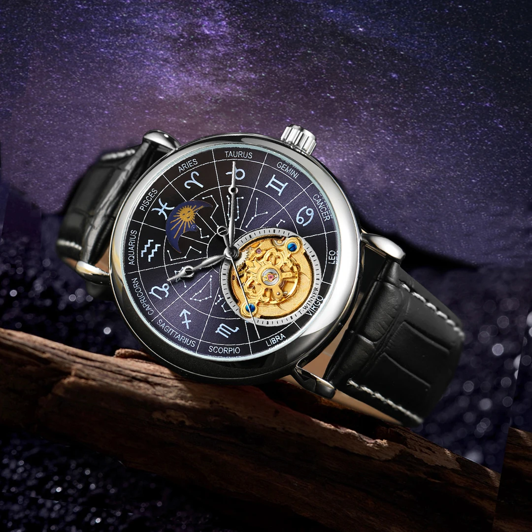 Designer Luxury 12 Constellation Man Watch Moon Phase Tourbillon Automatic Movement Mechanical  Clock Waterproof Leather Watches