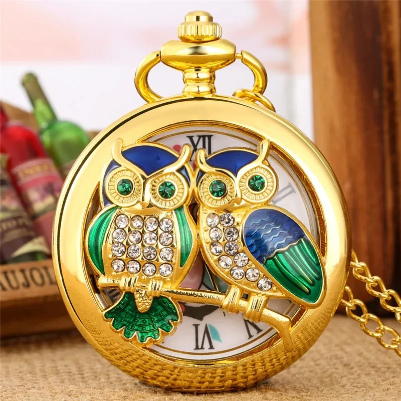 

Antique Hollow Out Night Owl Design Unisex Quartz Analog Pocket Watch with Necklace Fob Chain Roman Number Dial Gift