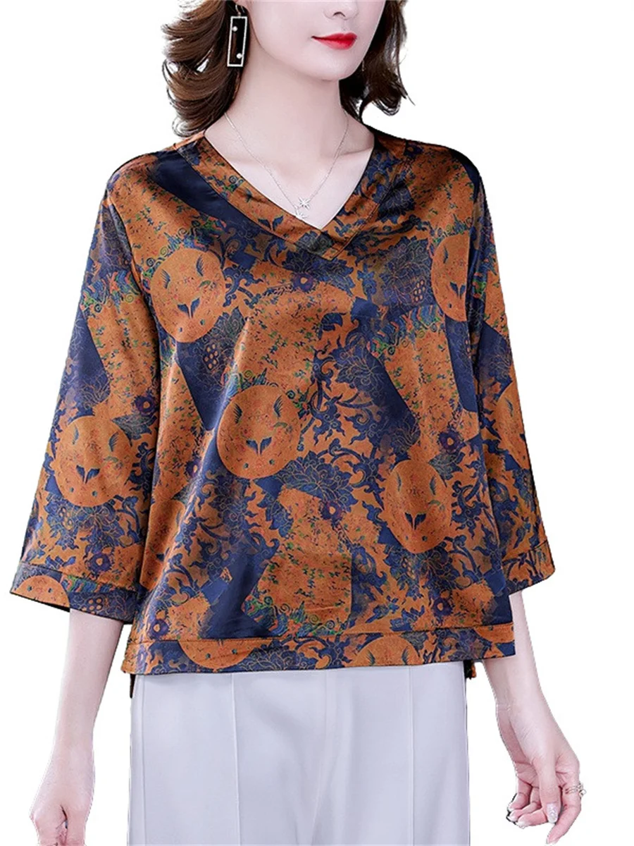 

5XL Loos Women Spring Summer Blouses Shirts Lady Fashion Casual Half Sleeve O-Neck Collar Silk Vintage Print Blusas Tops CT0408