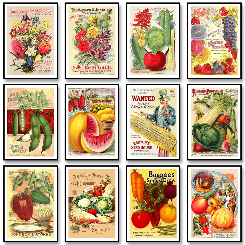 Taste of Tradition Canvas Poster Vintage Seed Packet Fruit and Vegetable Prints Farm Wall Art Pictures for Home Decoration