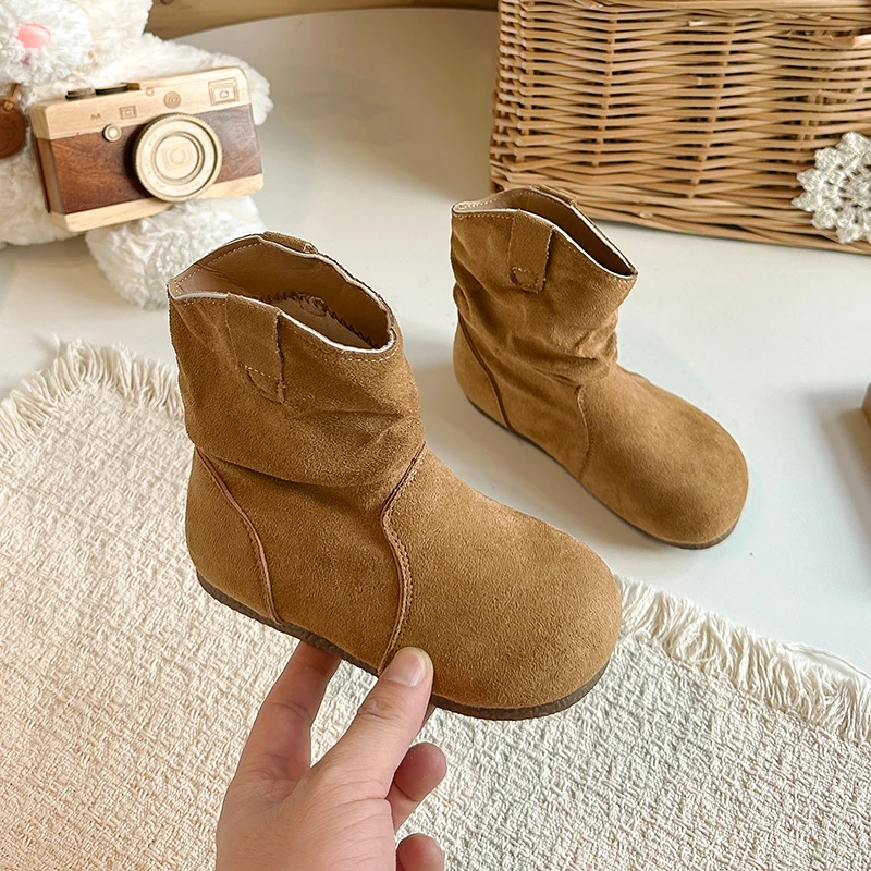 Little Girls Thermal Leather Boots 2026 New Winter Kids Ruffle Ankle Boots Non-slip Simple Princess Girls School Party Footwear