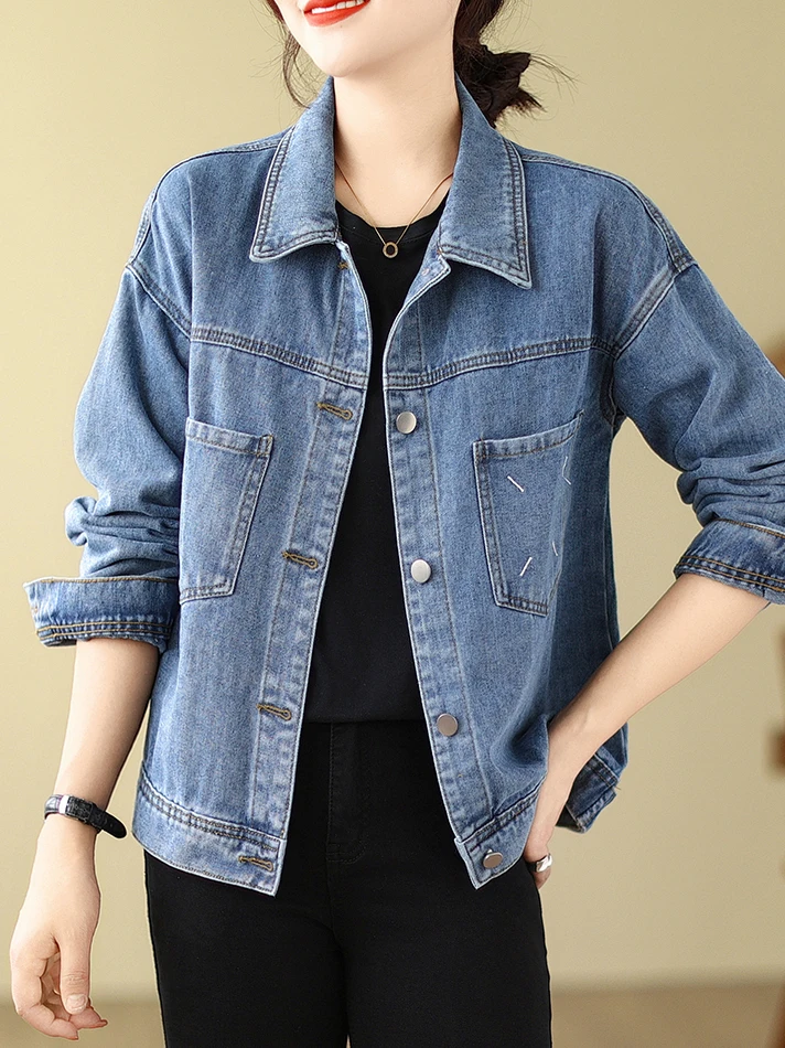Casual Loose Long Sleeve Blue Embroidered Denim Jacket Women's Spring Autumn Versatile Comfortable  Collar Button up Jacket