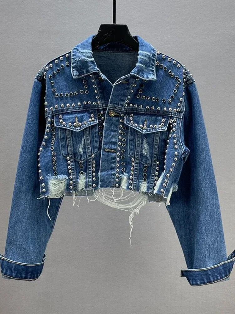 

Womens Denim Jacket 2023 Spring Summer New In Heavy Industry Rivet Studded Jean Jacket Women Worn Nail Bead Jean Jacket Top