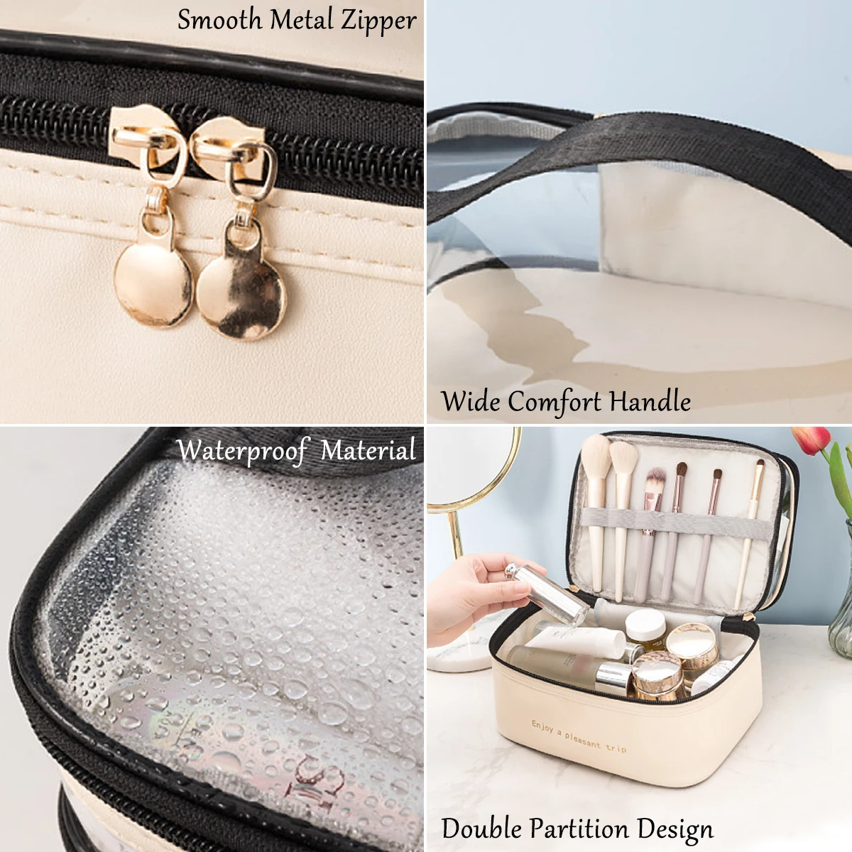 Double layer PU cosmetic bag large capacity portable storage bag waterproof travel toiletry bag