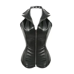 Faux Leather Corset Vest Top Bustier Lace up Zipper Steampunk Corsets Overbust Body Shaper Sexy Women Plus Size