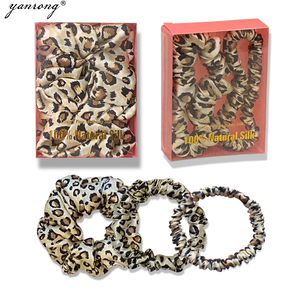 YANRONG Leopard Print 100% Natural Silk Women Hair Ties Hair Scrunchies (19Momme) Hair Accessories Gift box (large/medium/small)