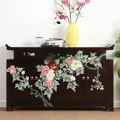 

New Chinese solid wood hand-painted flower and bird meal edge, large entrance, upturned head painted decoration, locker