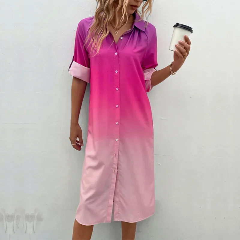 Women's European Style Button Down Shirt Dress Button Waist Long Sleeve Ombre High Low Shirt Tops