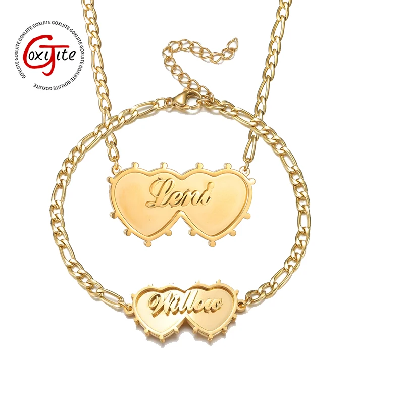 

Goxijite персонализированный комплект ожерелья в форме сердца с индивидуальным именем из нержавеющей стали, 2-слойный браслет с сварным сердцем, ювелирные изделия для пары, подарок