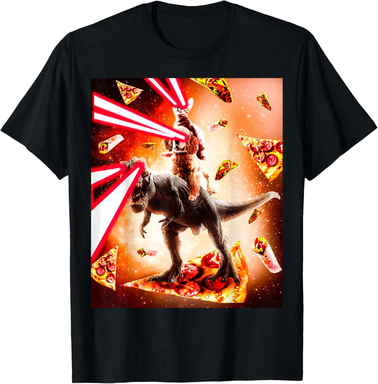 

Laser Eyes Space Cat Riding Dog And Dinosaur T-Shirt