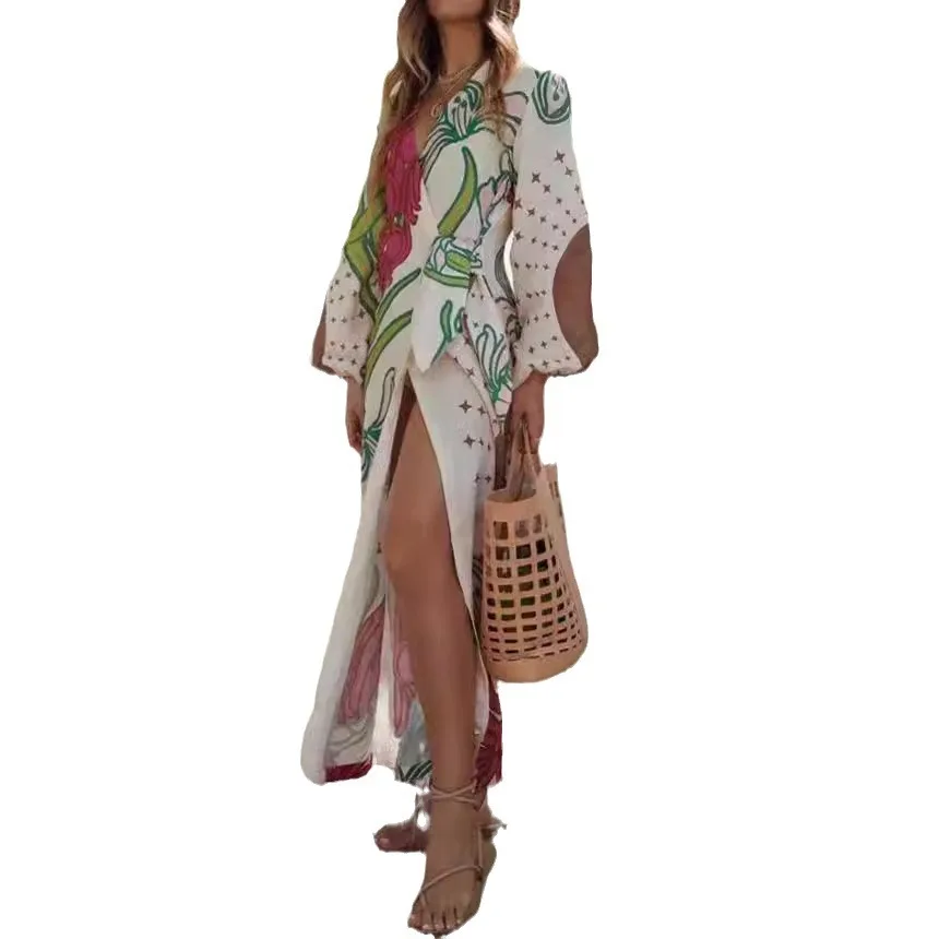 2025, bedrucktes Maxikleid für Damen, langärmelig, Urlaubs-Strand-Outfit, Gürtel, V-Ausschnitt, Knopfleiste, Boho-Urlaub, Kimono-Cardigan-Kleid