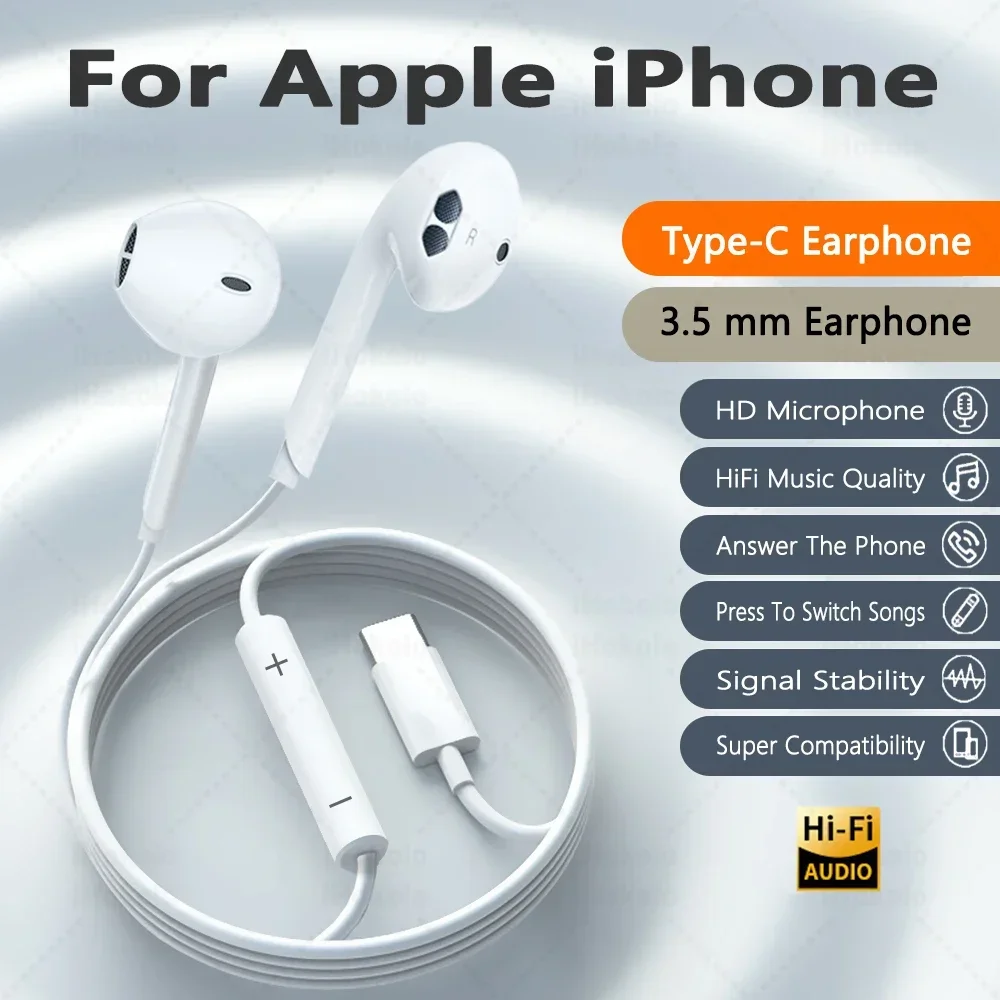 Suitable for Type-C wired in-ear headphones with microphones, supporting noise cancellation and low latency, suitable for gamingOriginal USB C Earphones For Apple iPhone 17 Pro Max 16 15 Plus Type C Wired Headphones For Samsung Xiaomi Earbuds Accessories